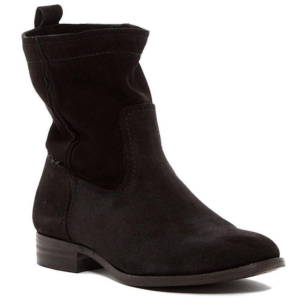 FRYE Cara Suede Black Short Riding Moto Boot Booties Whipstitch Trim Size 8 1/2